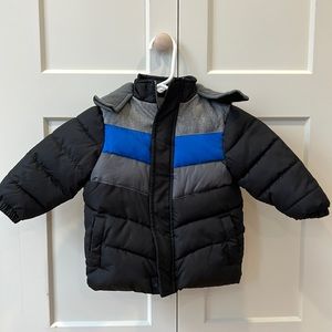 Boys 18 months polyester hooded winter jacket. Blue grey and black color.